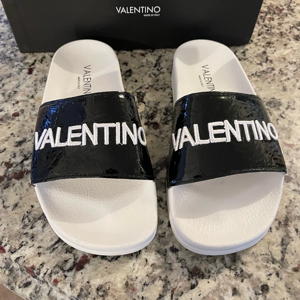 Valentino White and Black Logo Slide Sandals